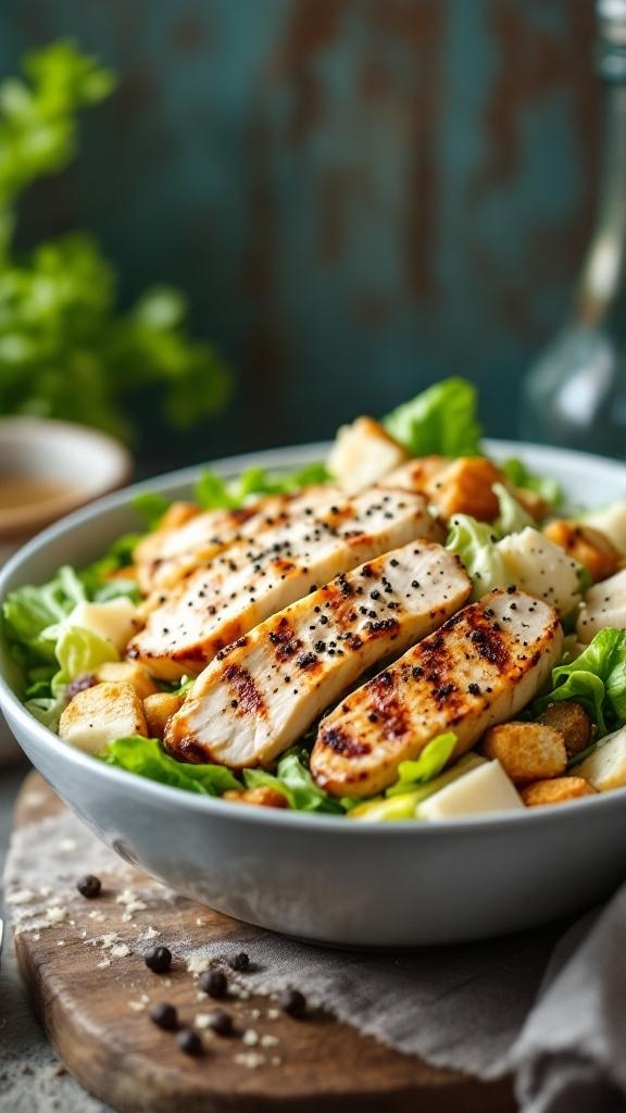 A bowl of Classic Caesar Chicken Salad with grilled chicken, lettuce, croutons, and dressing.