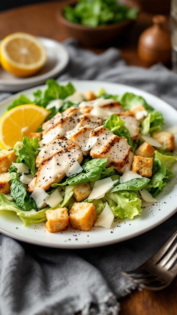 A plate of Classic Caesar Chicken Salad with grilled chicken, romaine lettuce, croutons, and a lemon wedge.