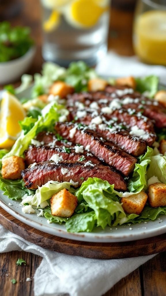 A classic Caesar salad topped with grilled steak strips, croutons, and Parmesan cheese on a wooden plate.