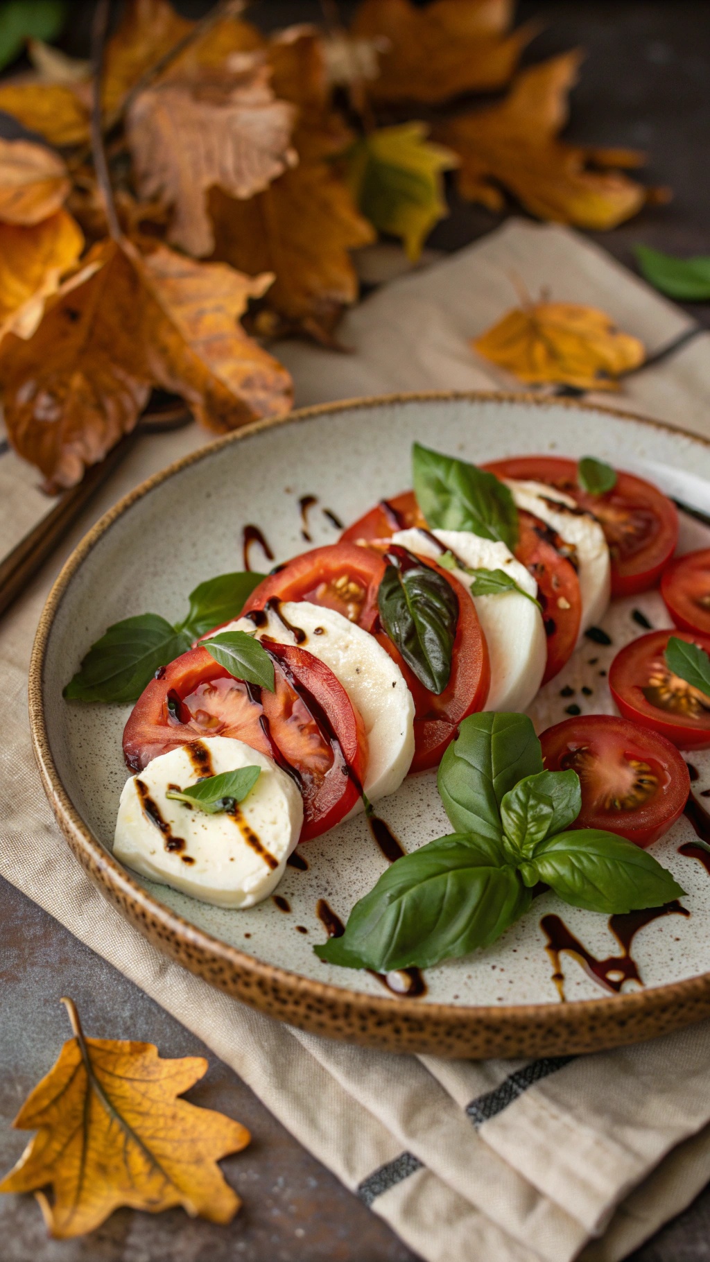 A plate of Caprese salad with tomatoes, mozzarella, and basil, surrounded by autumn leaves.