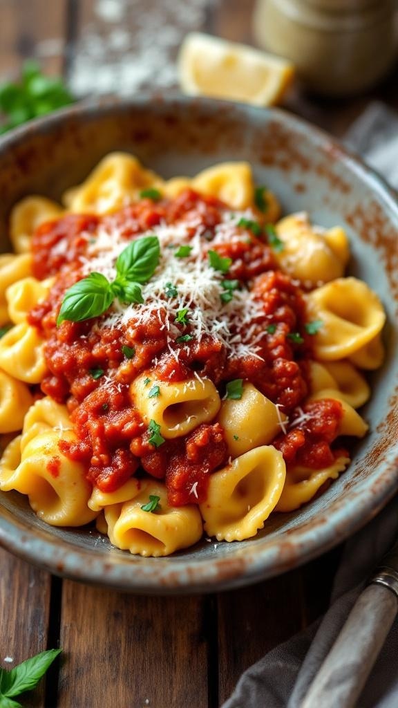 A bowl of cheese tortellini topped with marinara sauce, fresh basil, and grated cheese.