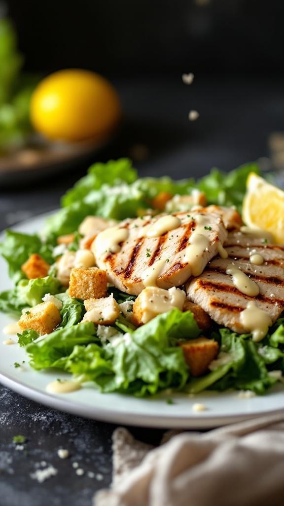 A classic chicken Caesar salad with grilled chicken, lettuce, croutons, and Caesar dressing, garnished with lemon.
