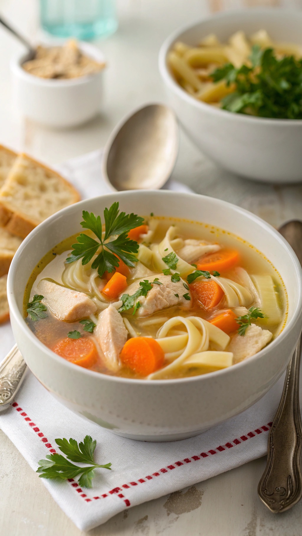 A bowl of classic chicken detox soup with chicken, carrots, and noodles, garnished with parsley.