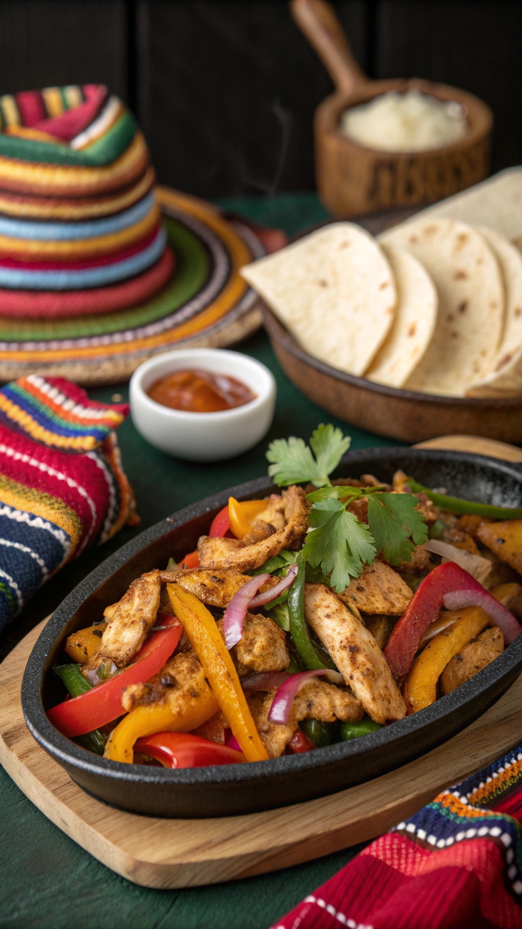 A platter of chicken fajitas with colorful bell peppers, onions, and tortillas on the side.