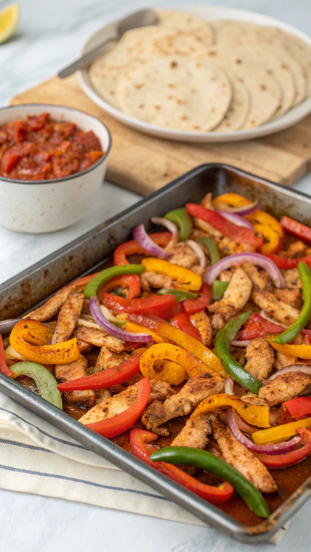 Sheet pan chicken fajitas with colorful peppers and onions, served with tortillas and salsa.