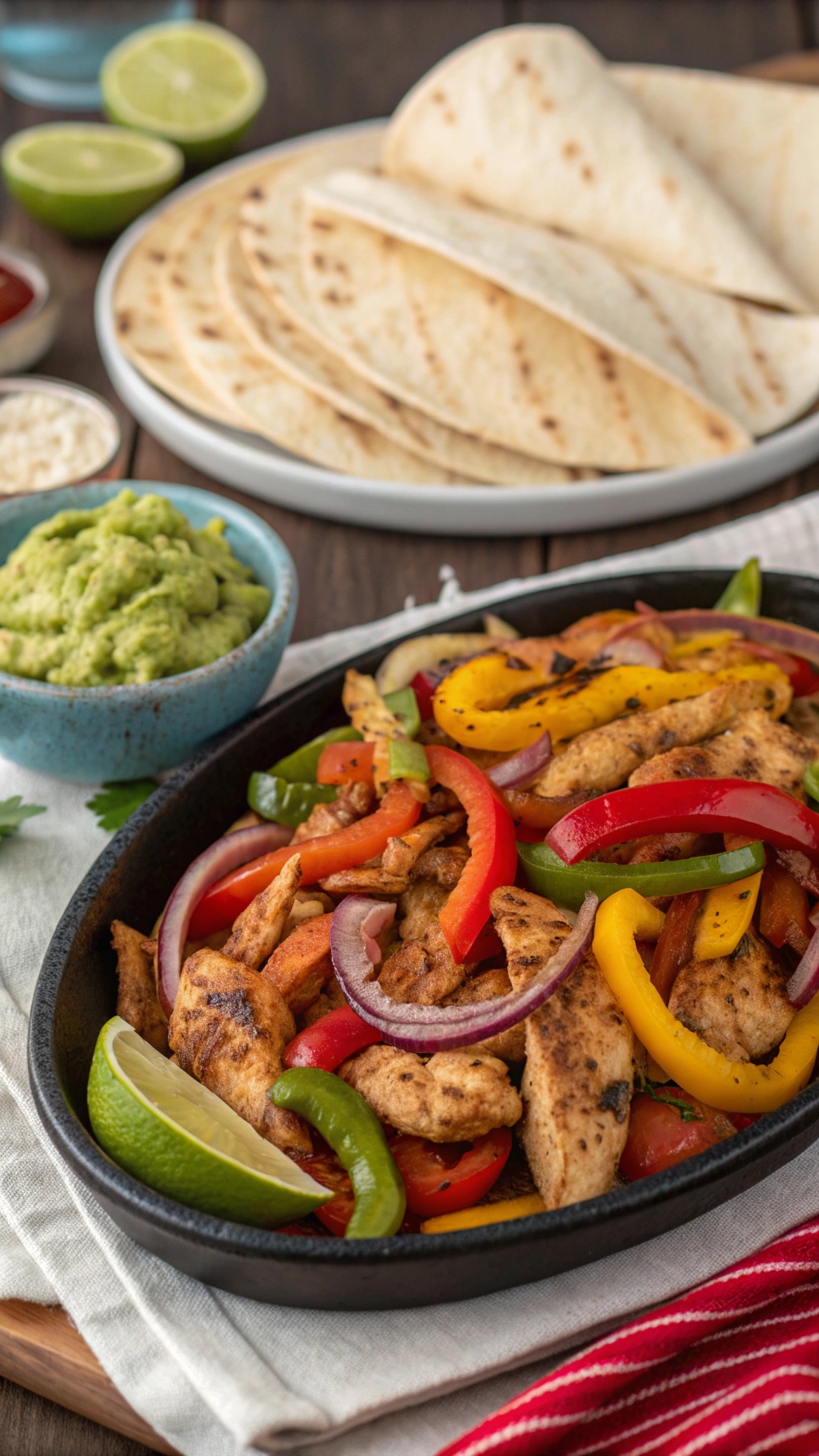 A plate of chicken fajitas with colorful peppers and tortillas