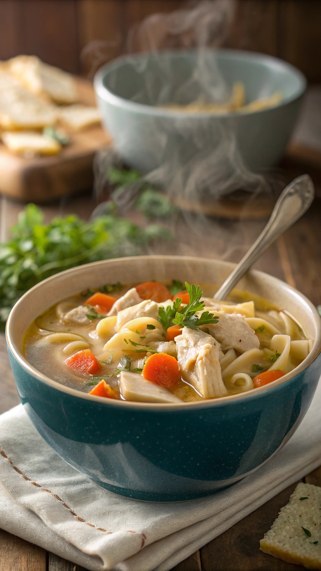 A bowl of classic chicken noodle soup with steam rising, featuring chicken, noodles, carrots, and parsley.