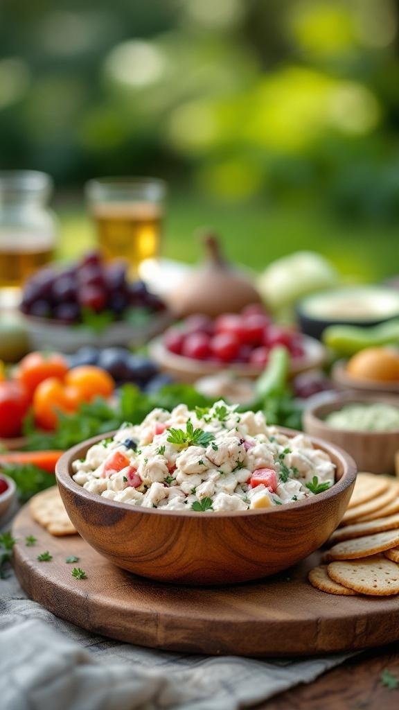 A classic chicken salad charcuterie board featuring a wooden bowl of chicken salad, surrounded by colorful fruits and vegetables.