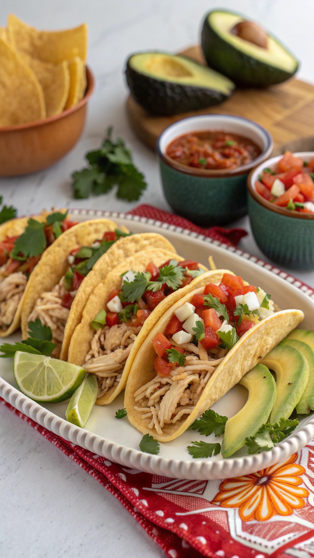 A platter of chicken tacos with toppings like diced tomatoes, avocado, and cilantro, alongside lime wedges and salsa.