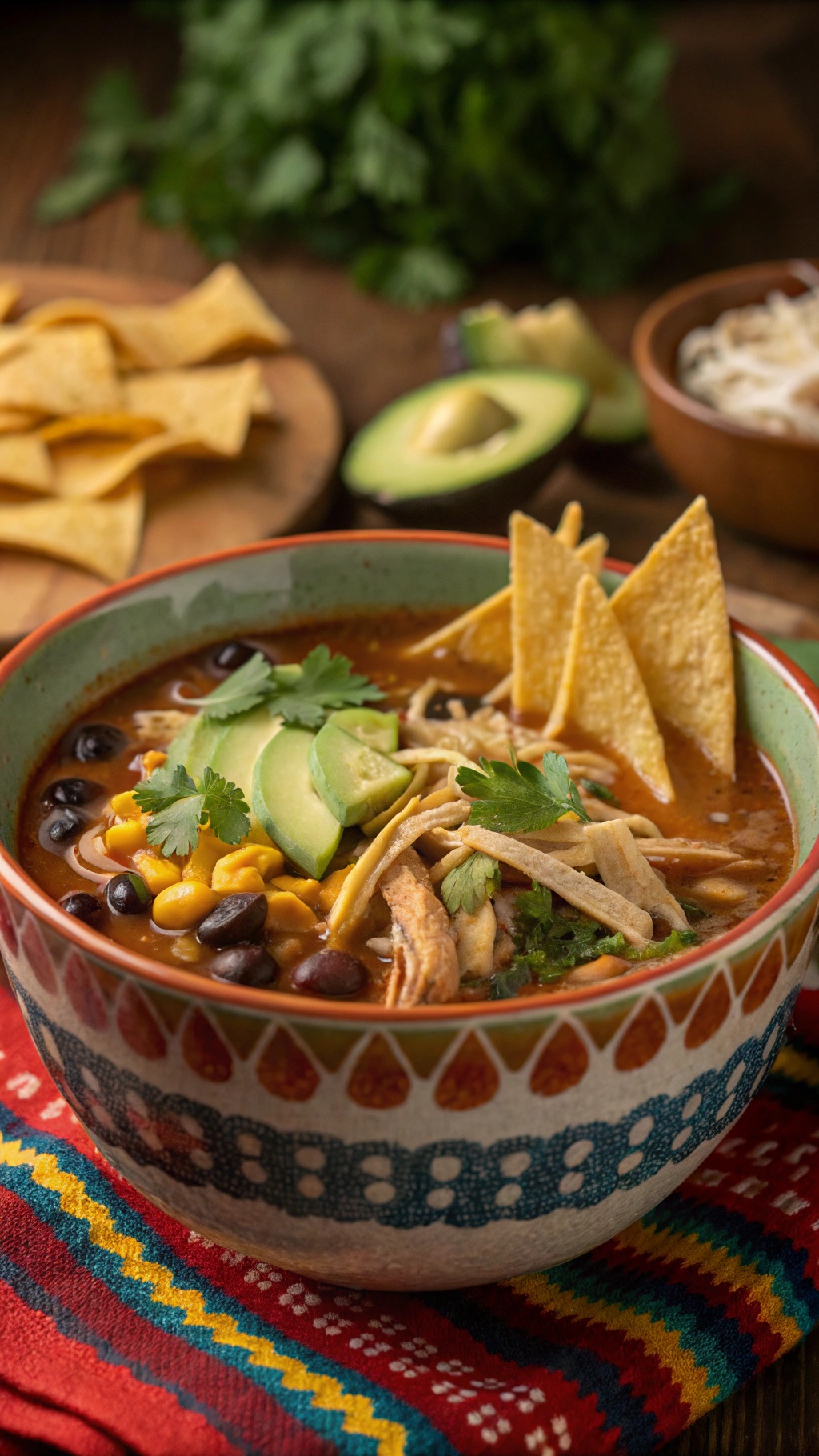 A bowl of classic chicken tortilla soup topped with avocado, cilantro, and tortilla strips.