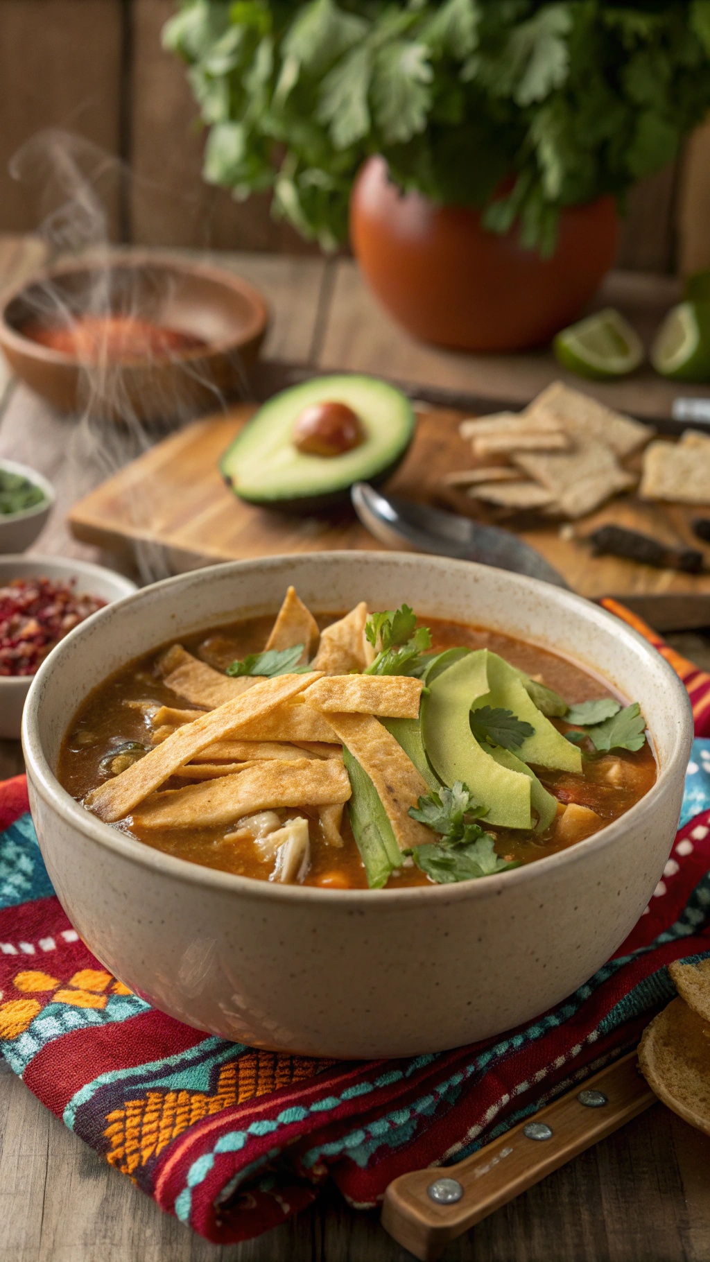 A bowl of chicken tortilla soup garnished with tortilla strips, avocado, and cilantro, placed on a colorful woven blanket.