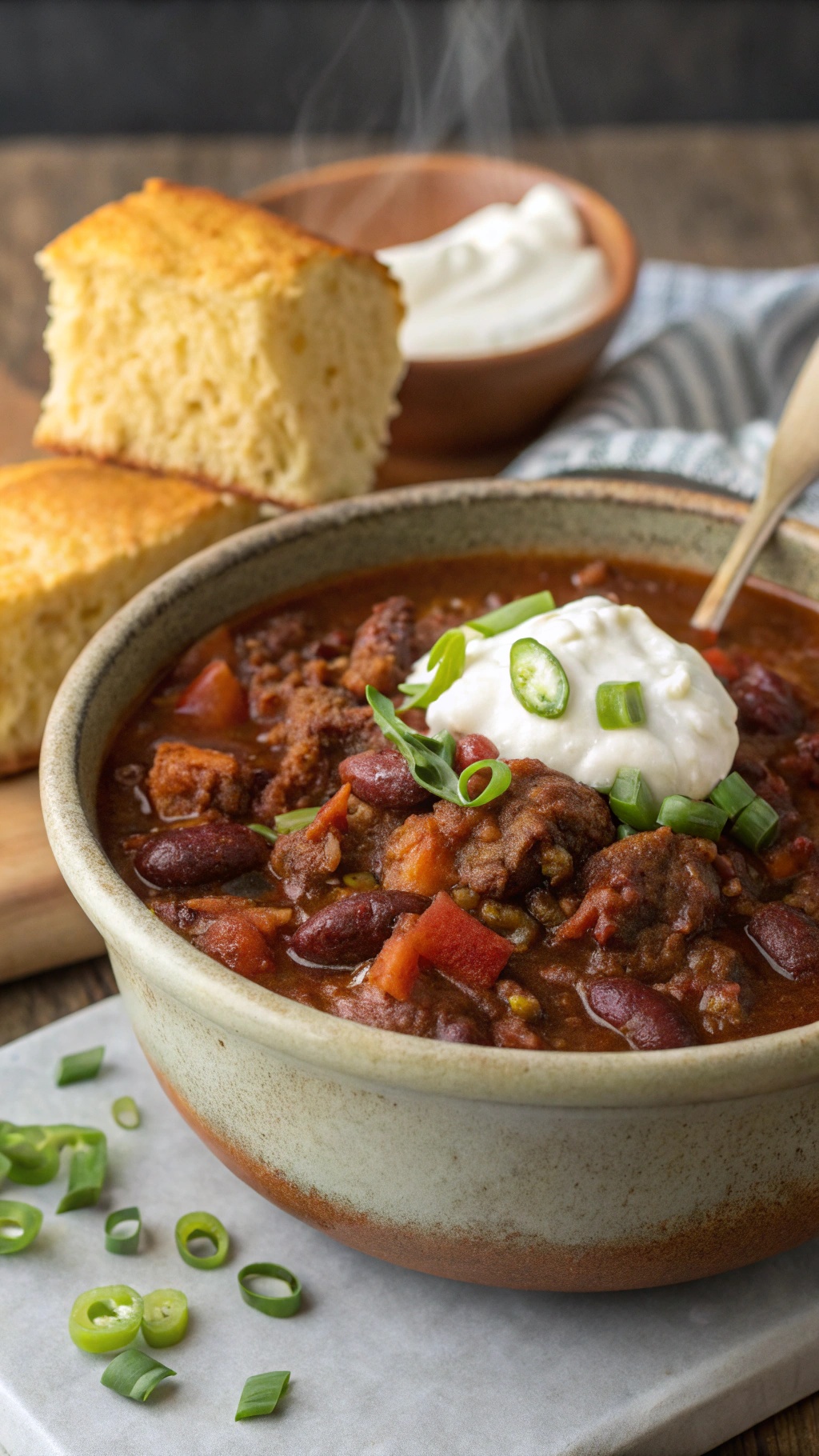 A bowl of chili topped with sour cream and green onions, served with cornbread.