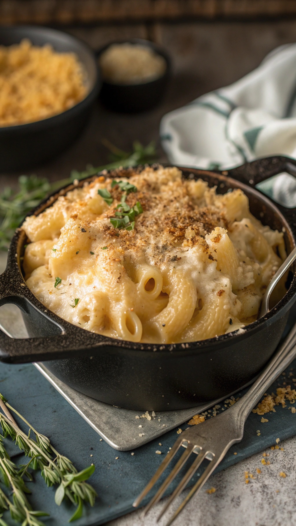 A creamy one-pot mac and cheese in a black cast iron pot, topped with breadcrumbs and herbs, with pasta and cheese ingredients in the background.