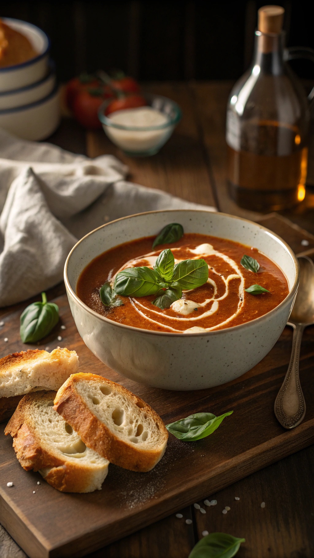 A bowl of tomato basil soup garnished with cream and basil leaves, accompanied by slices of toasted bread.