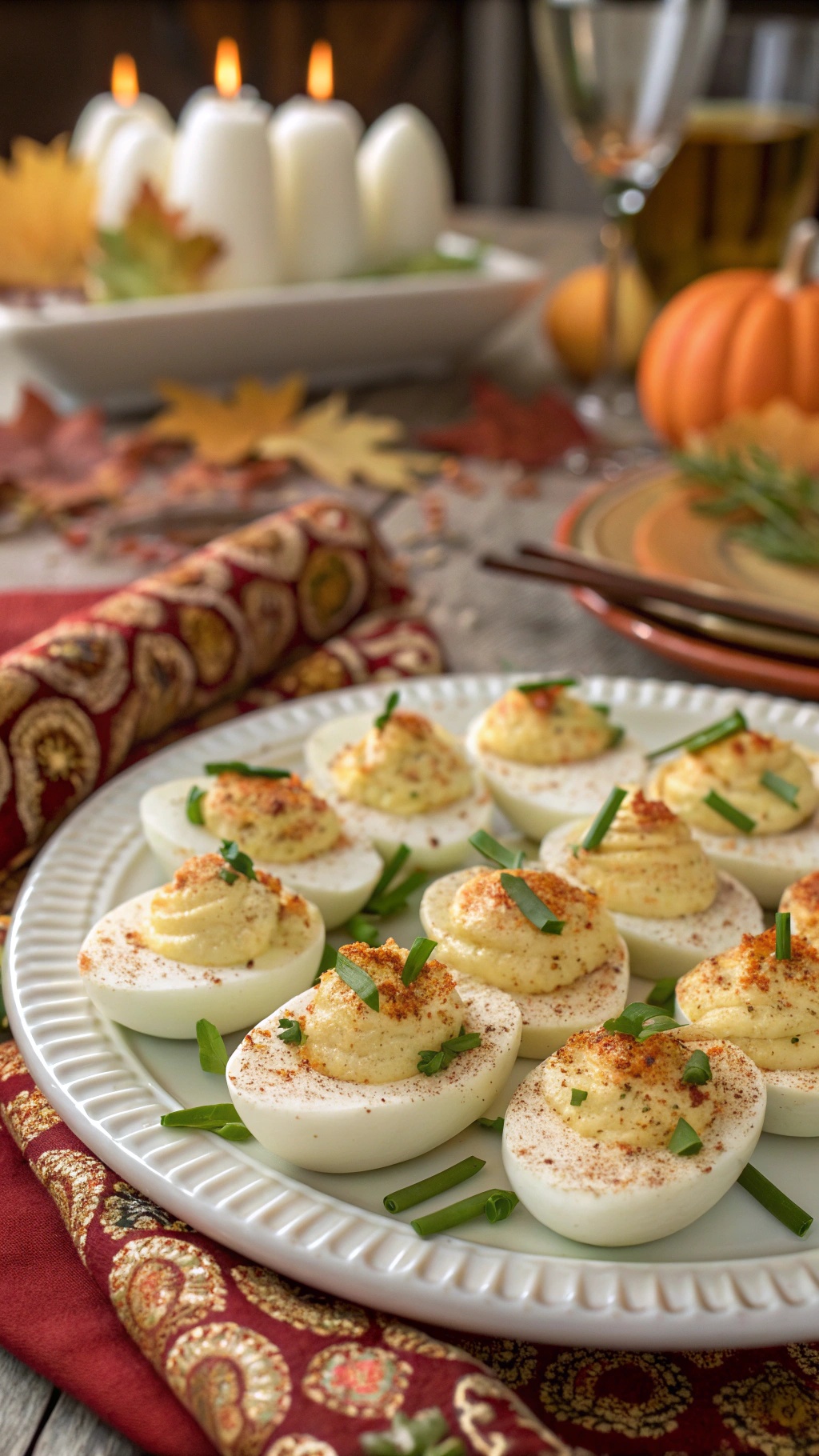 A platter of deviled eggs garnished with chives and paprika, set against a festive autumn backdrop.