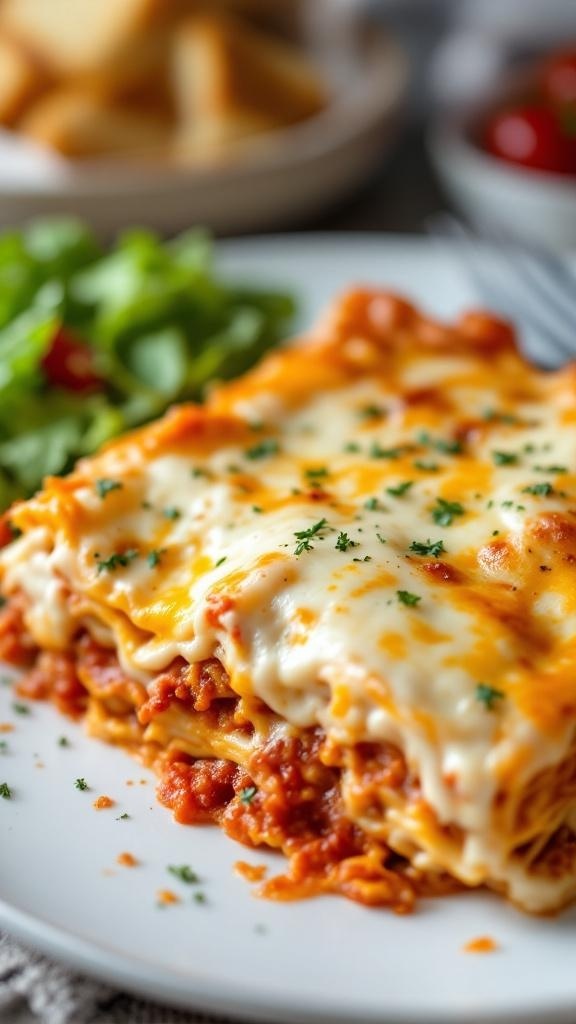 A slice of classic four cheese lasagna on a plate, garnished with parsley and served with a side salad.