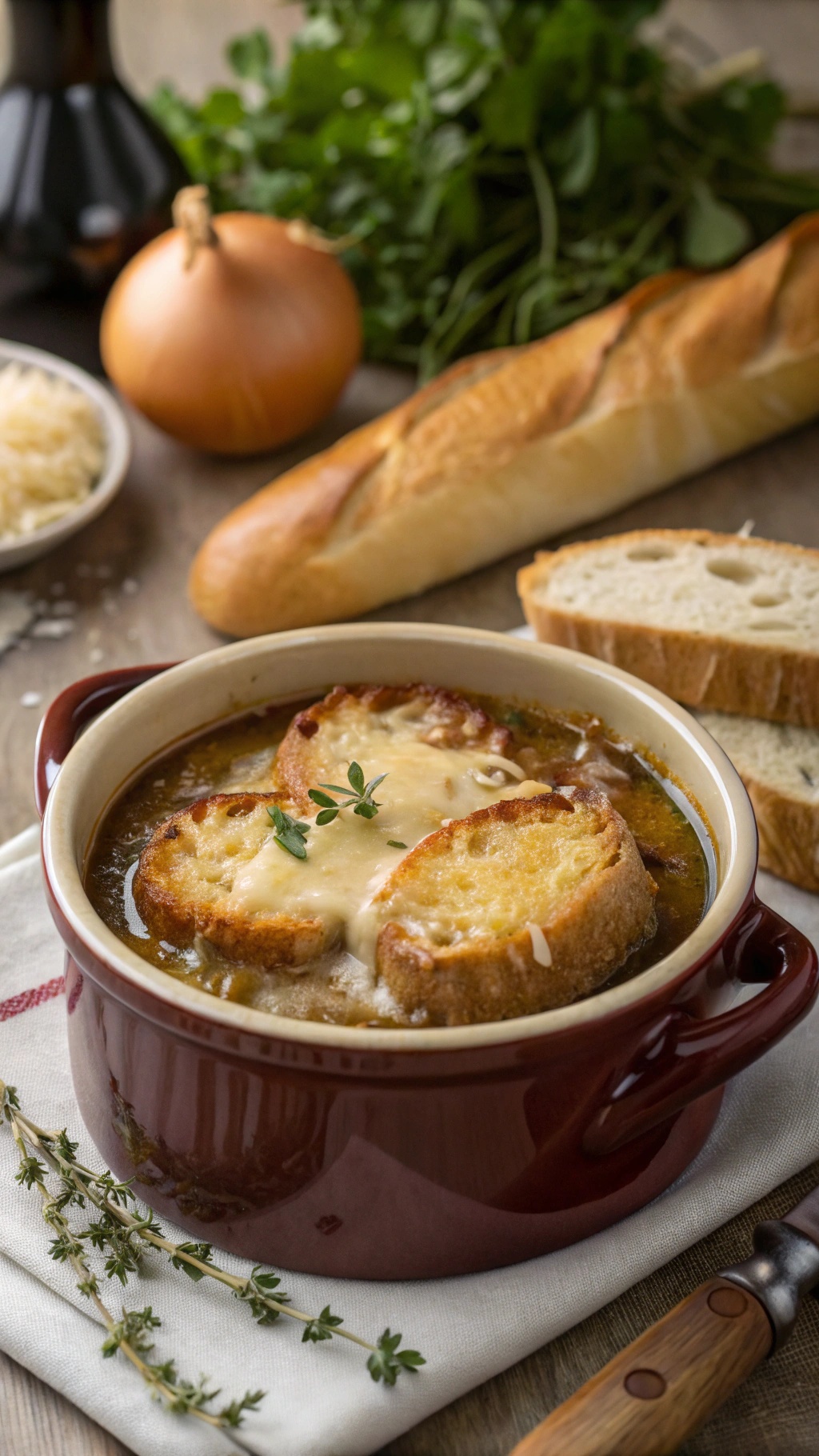 A bowl of classic French onion soup topped with cheese and bread, surrounded by fresh ingredients.