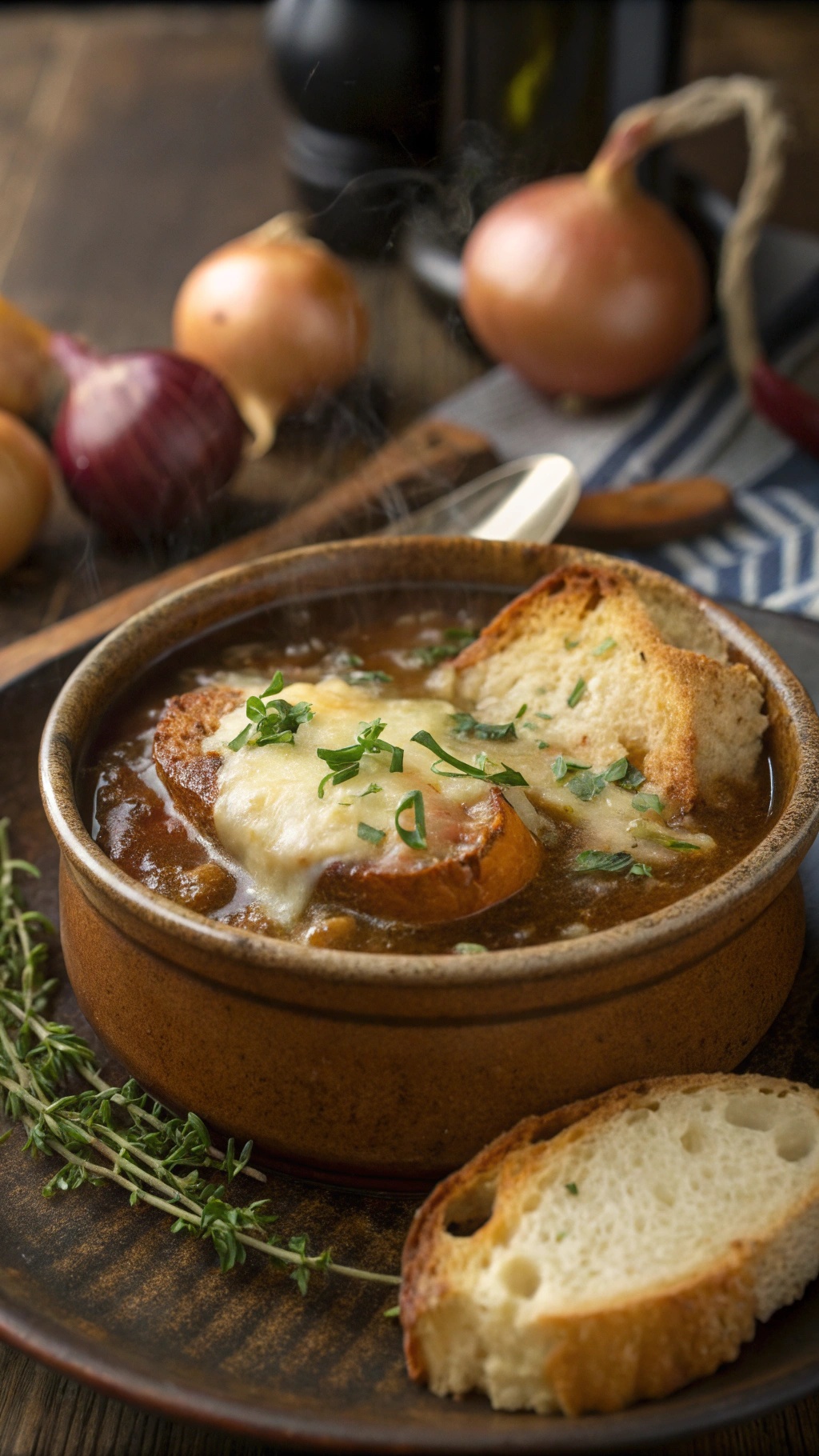 A bowl of classic French onion soup with melted cheese and toasted bread, garnished with herbs.