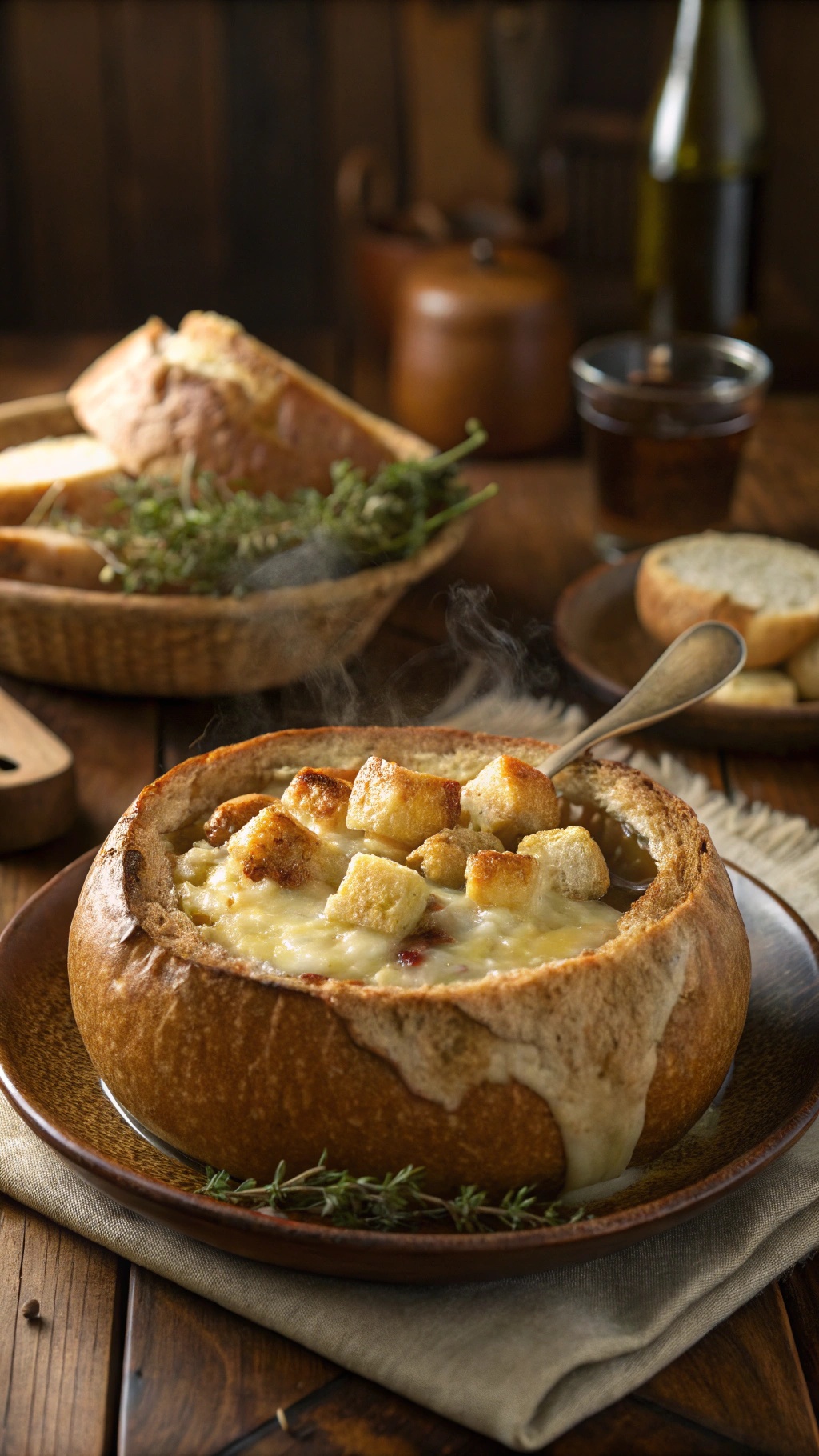 A bowl of classic French onion soup topped with cheese and croutons, served in a bread bowl.