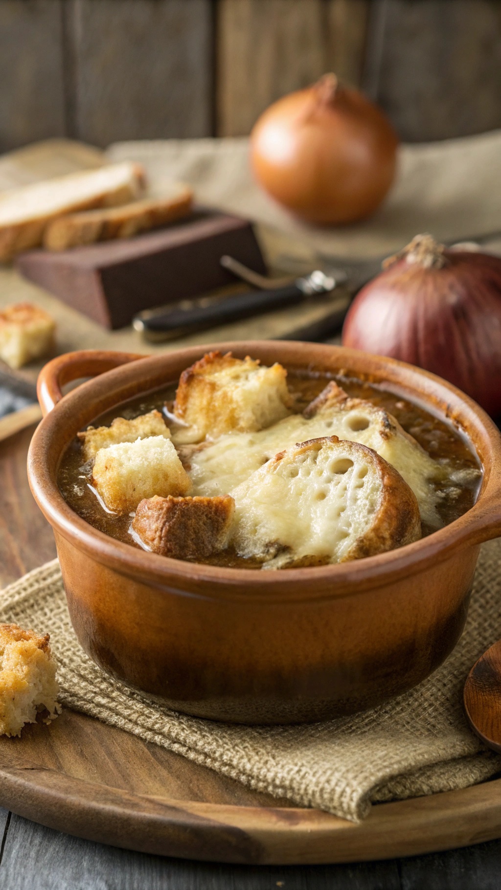 A bowl of classic French onion soup topped with melted cheese and croutons, with onions and bread in the background.