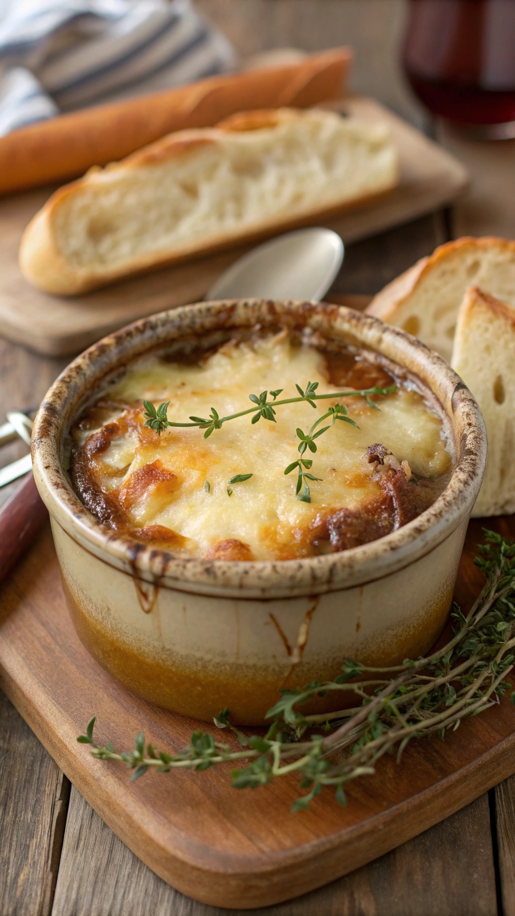 A bowl of classic French onion soup topped with melted cheese and fresh thyme, served with slices of baguette.