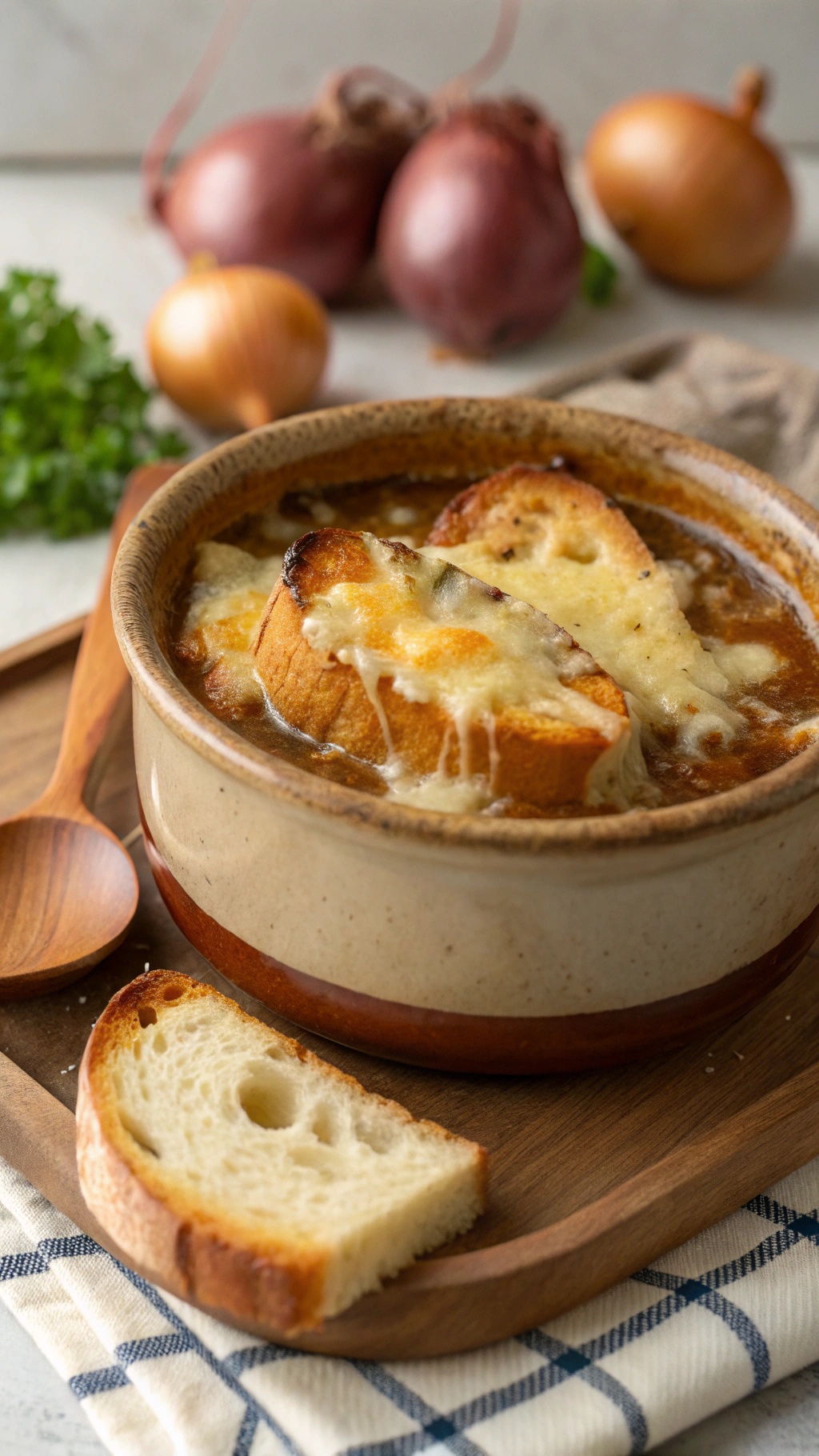 A bowl of classic French onion soup topped with melted cheese and crusty bread, with fresh onions in the background.