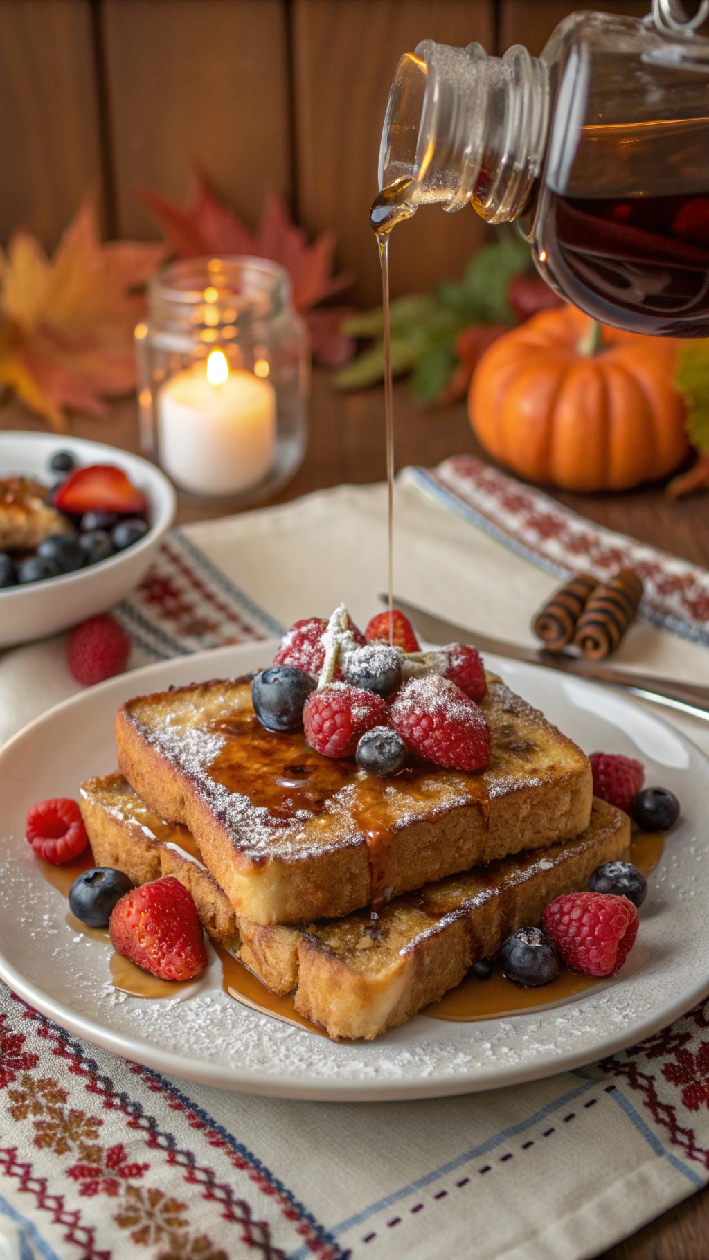 Classic French toast topped with berries and maple syrup, with autumn decorations in the background.