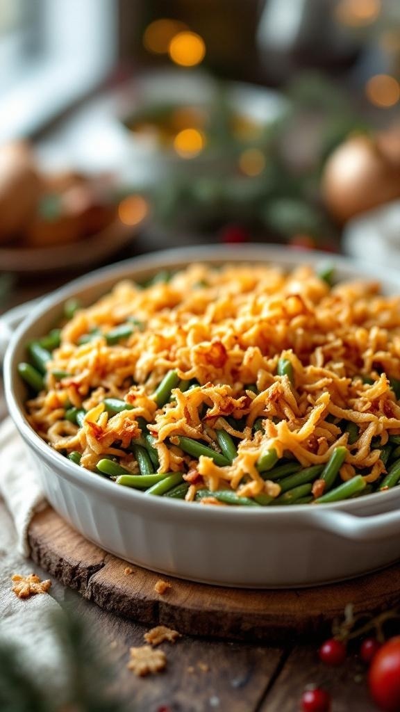 A delicious green bean casserole topped with crispy fried onions, perfect for holiday dinners.