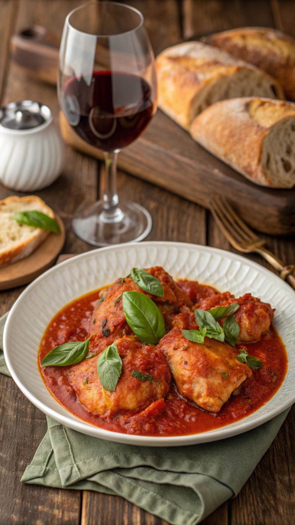 A plate of classic Italian chicken thighs in tomato sauce with basil, accompanied by a glass of red wine and rustic bread.