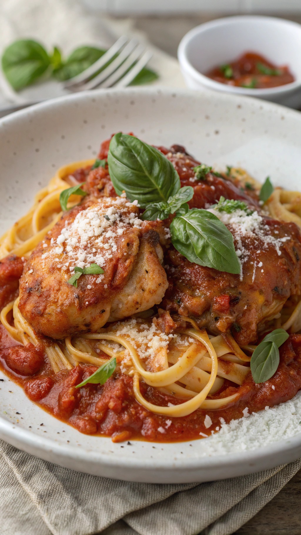 A plate of classic Italian chicken thighs in tomato sauce served over pasta, garnished with fresh basil and cheese.