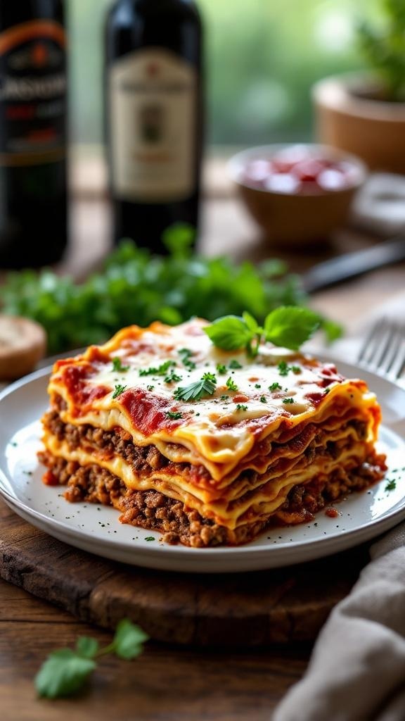 A delicious slice of classic Italian lasagna with layers of meat, cheese, and marinara sauce.