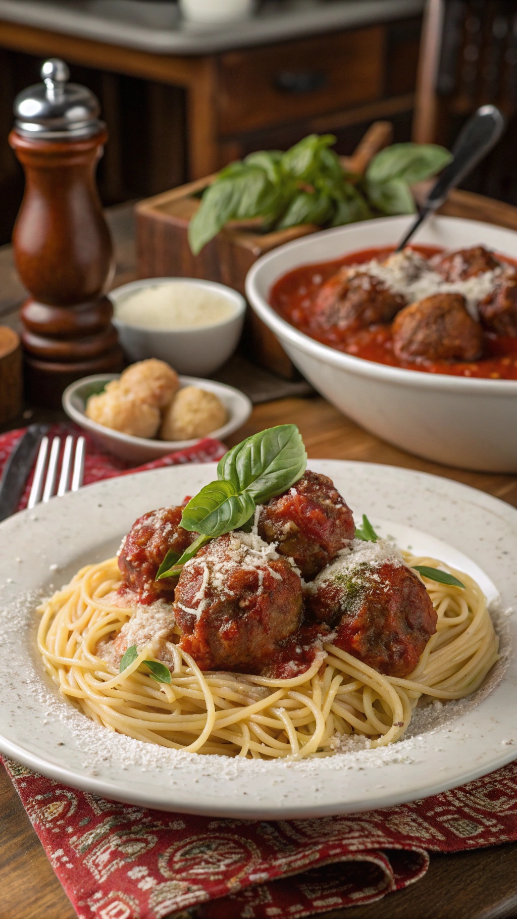 A plate of spaghetti topped with meatballs in marinara sauce, garnished with basil and served with grated cheese.