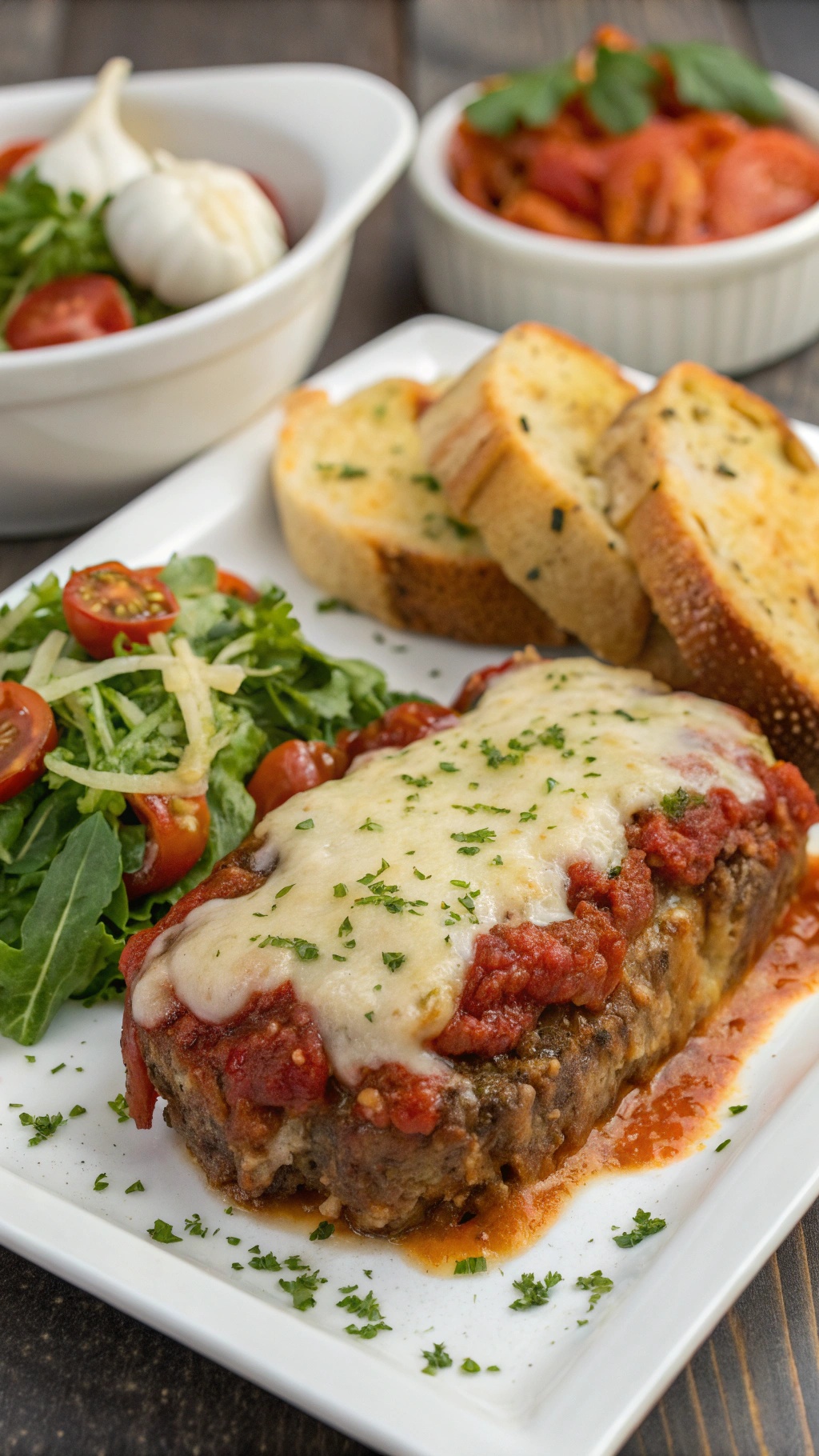 A plate of classic Italian meatloaf topped with marinara sauce and cheese, served with salad and garlic bread.