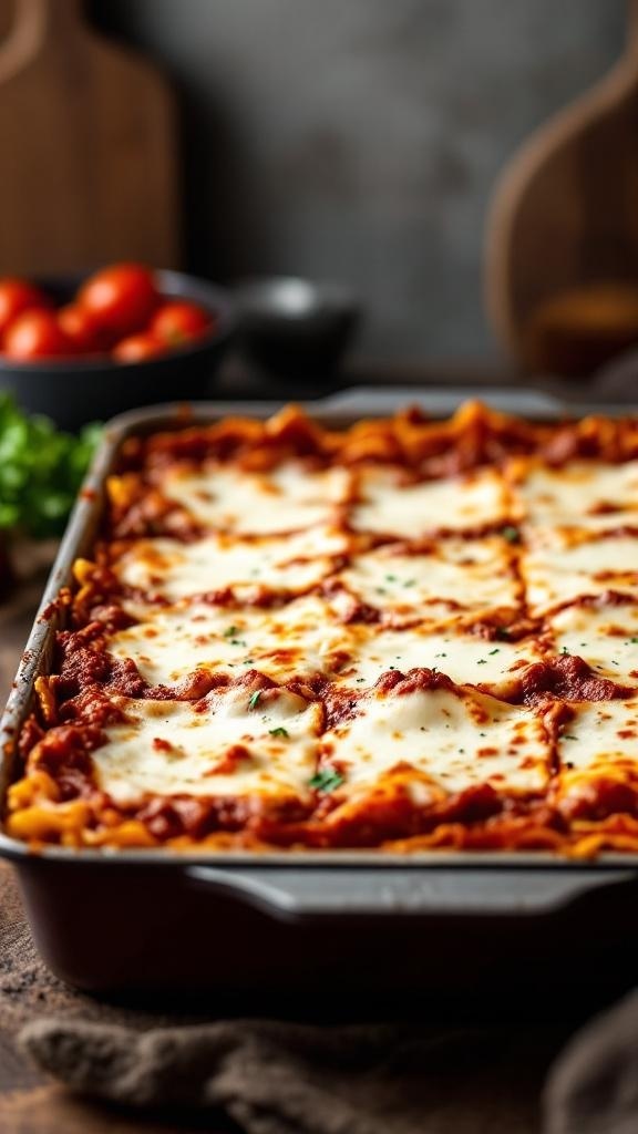 A delicious one-pan lasagna with layers of cheese and meat sauce, ready to serve.