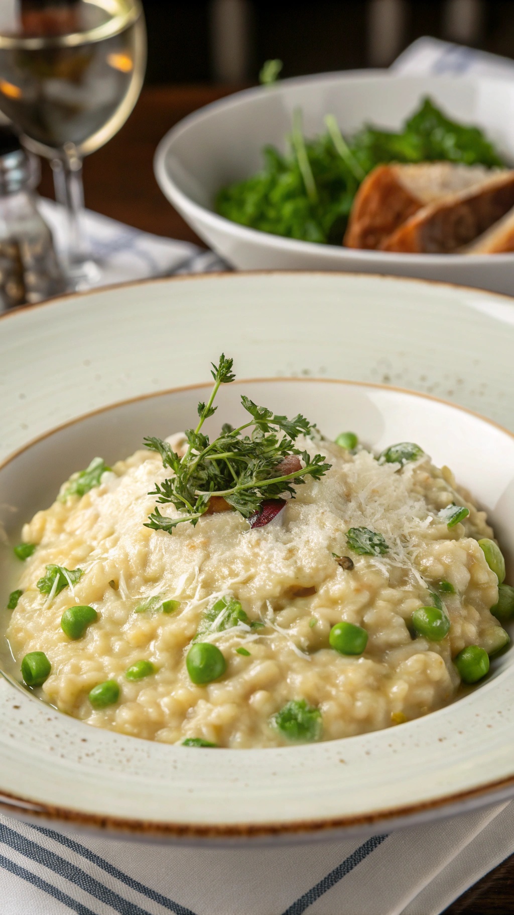 A bowl of creamy risotto with peas and Parmesan cheese, garnished with fresh herbs.