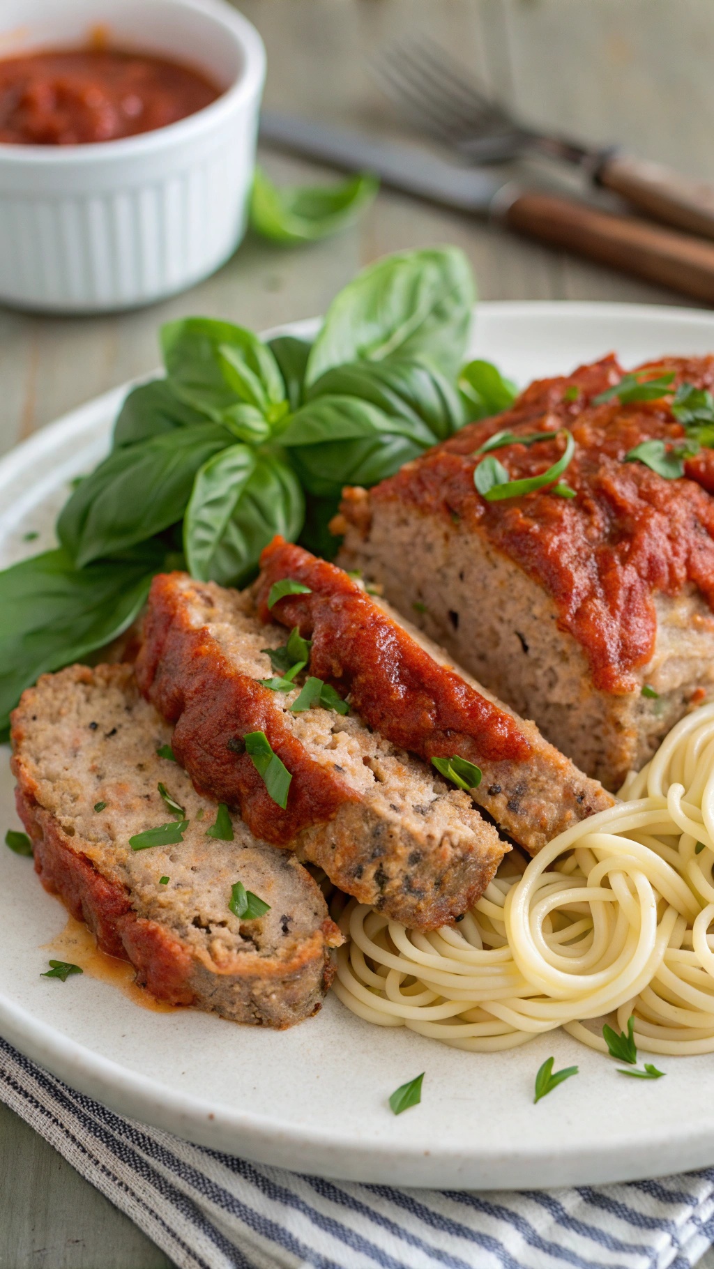 Classic Italian Turkey Meatloaf with Marinara served with spaghetti and fresh basil