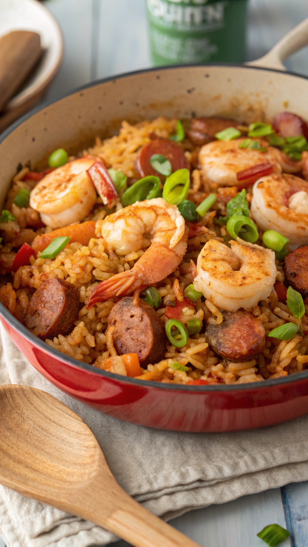A vibrant pot of jambalaya with shrimp, sausage, and green onions, served in a red pot.