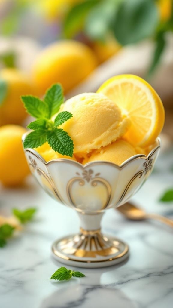 A bowl of lemon sorbet garnished with mint and lemon slices.
