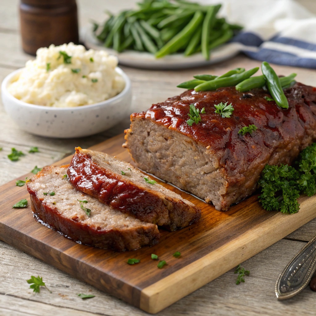 A delicious meatloaf sliced and garnished with parsley, served with green beans and mashed potatoes.