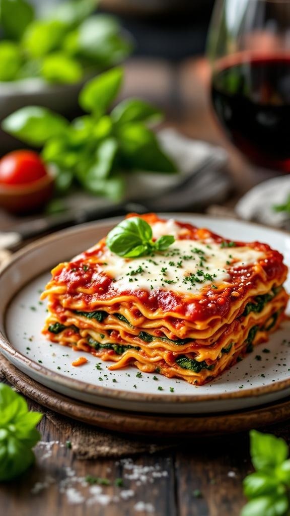 A delicious layered no-cook lasagna with marinara sauce, cheese, and fresh basil on a plate.