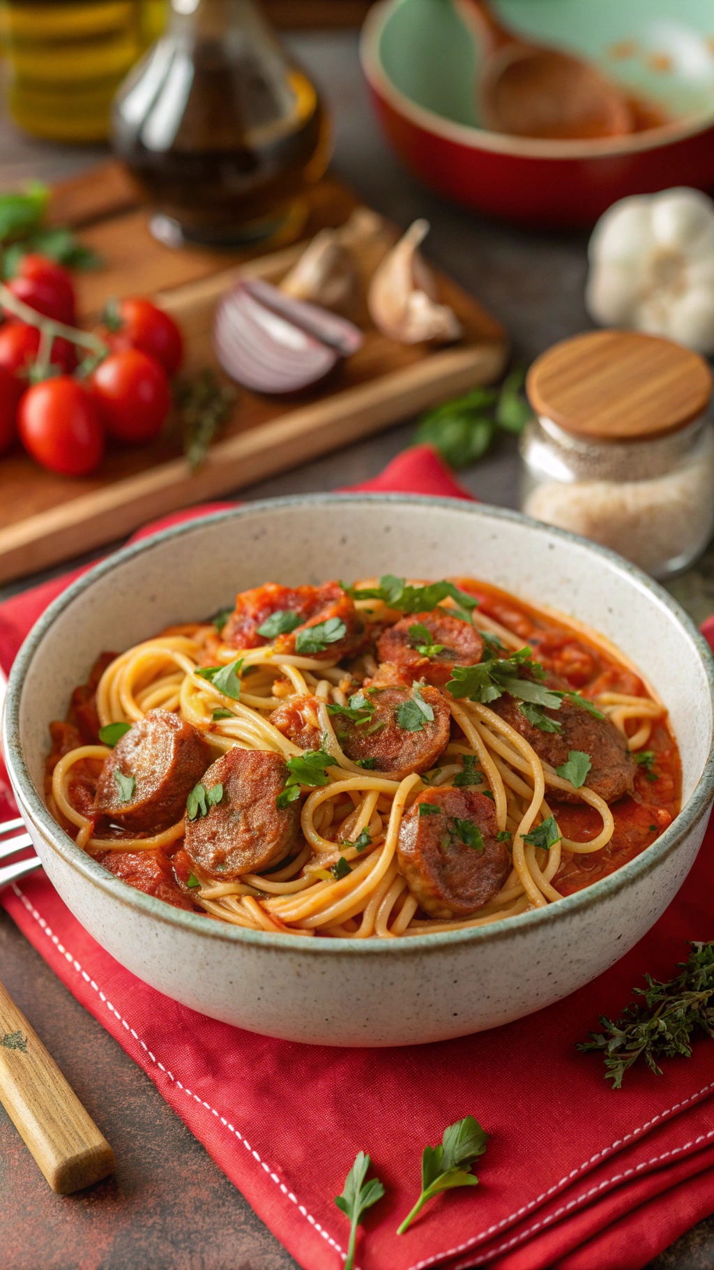 A bowl of Classic One-Pot Italian Sausage Spaghetti with fresh herbs on a red napkin.