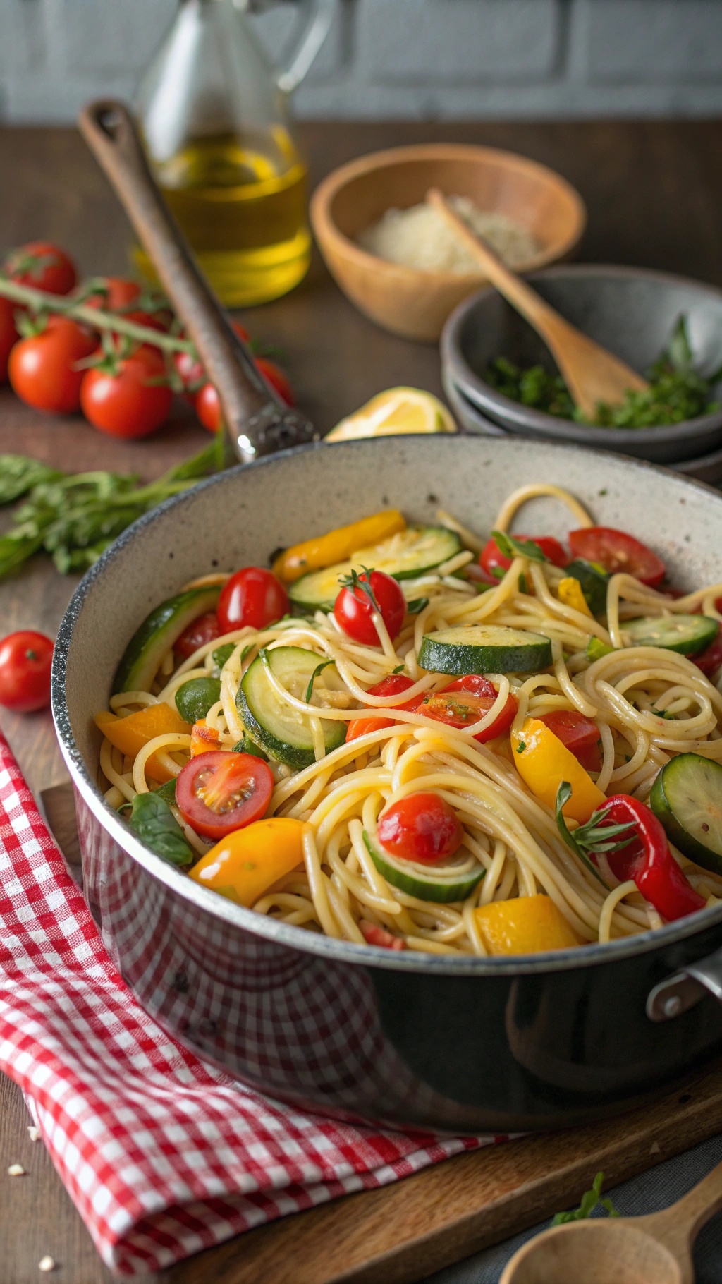 A pot of colorful pasta primavera with cherry tomatoes, zucchini, and bell peppers, ready to serve.