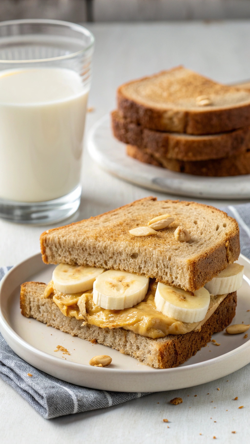 A peanut butter and banana sandwich on a plate with a glass of milk in the background.