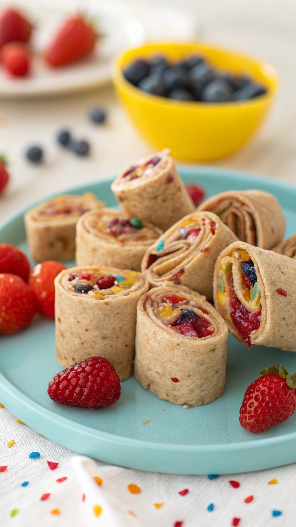 Peanut butter and jelly roll-ups on a blue plate with strawberries and blueberries