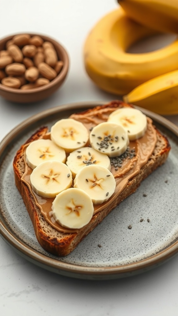 A slice of toast topped with peanut butter and banana slices, served on a plate with a bowl of nuts in the background.