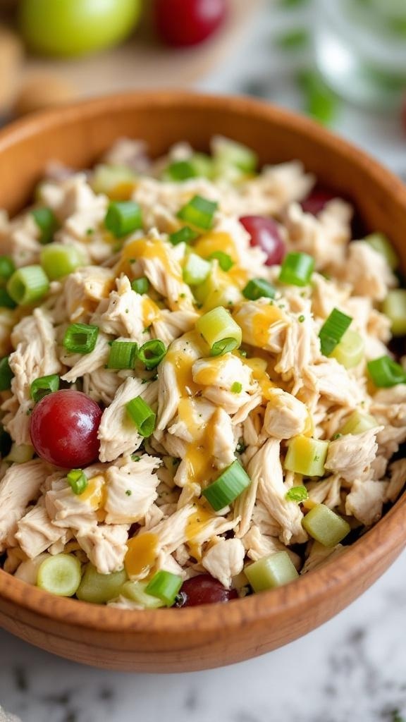 A bowl of classic rotisserie chicken salad with celery and grapes, topped with green onions.
