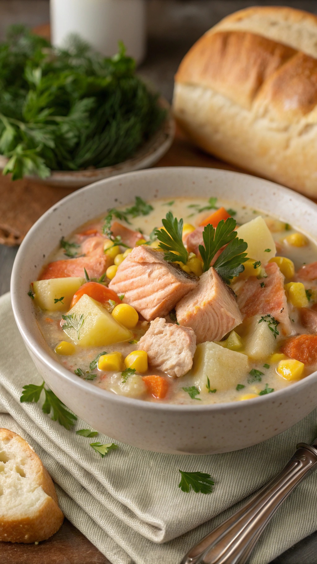 A bowl of salmon chowder with vegetables, garnished with parsley, and a slice of bread on the side.
