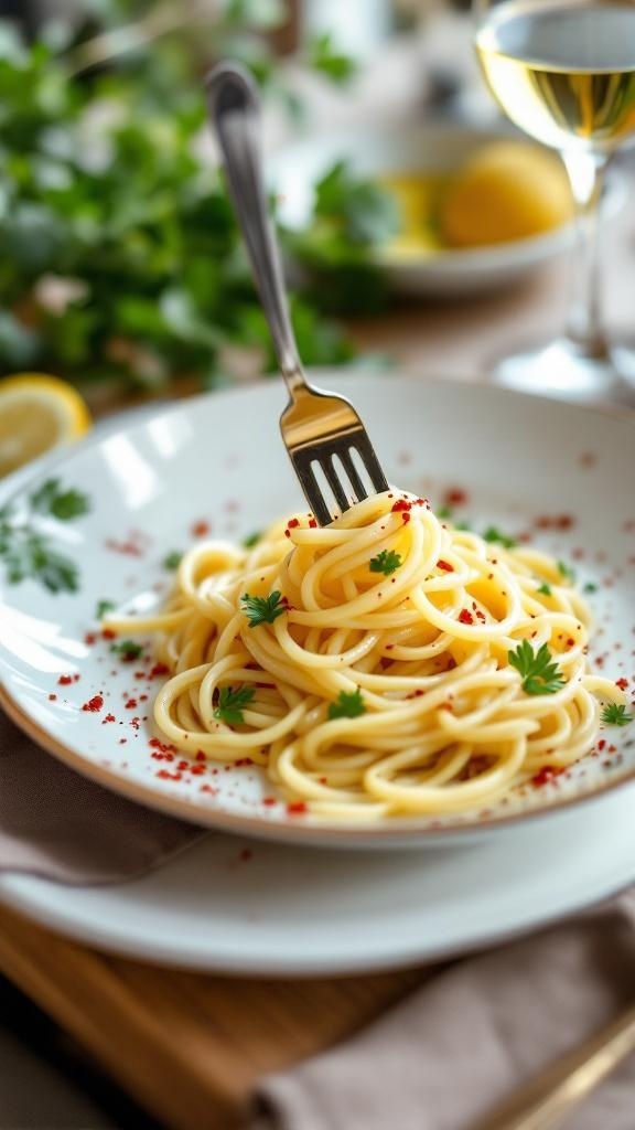 A plate of spaghetti aglio e olio garnished with parsley and red pepper flakes, with a fork twirling the pasta.