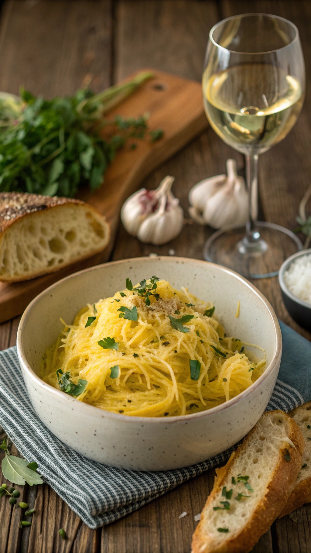 A bowl of spaghetti squash with garlic butter, garnished with herbs, surrounded by garlic cloves and a glass of white wine.