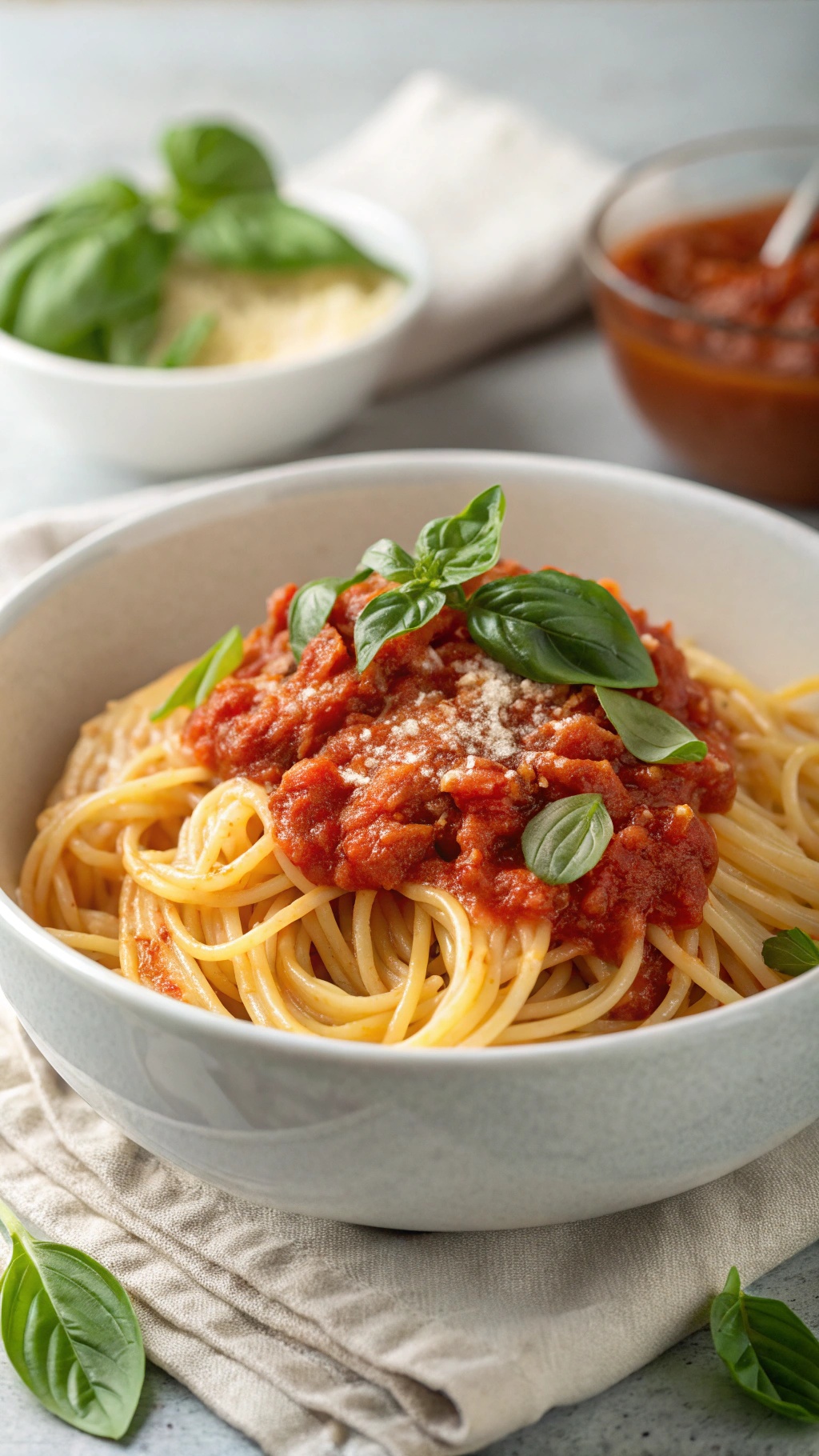 A bowl of spaghetti with marinara sauce, garnished with fresh basil leaves.